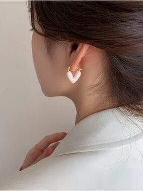 Gold Hoop Earrings with White Heart Charm - Minimal Women Jewelry